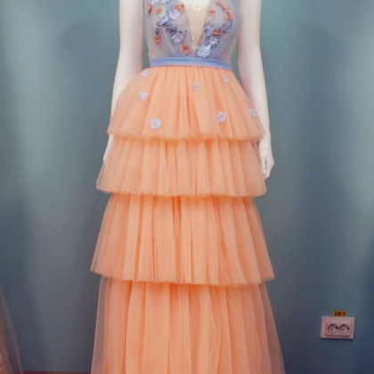 V Neck Peach Skirt Long Prom Dresses
