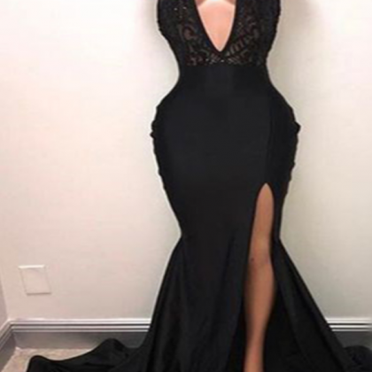 Sexy Black Long Train V-neck Evening Dress, Lace..