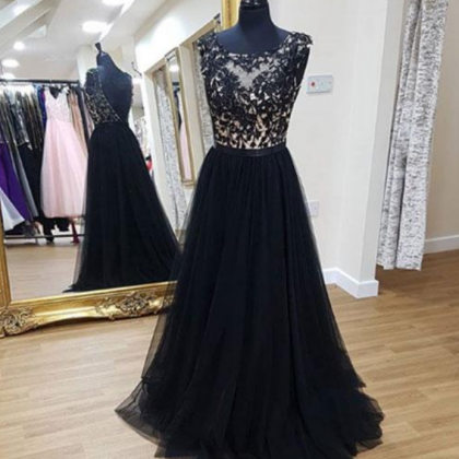 Black Lace Long Prom Dress, Black Evening Dress