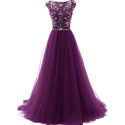 Purple Evening Dress With Cap Sleeves Prom..