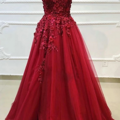 Sweetheart Burgundy Tulle Lace Long Prom Dress,..