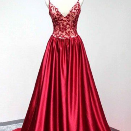 Red Satin Prom Dresses, V-neck A-line Long Formal..