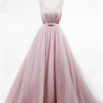 Pink Tulle Prom Dresses, See Through Long Prom..