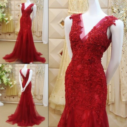 Custom Made Red Lace Prom Dress,sexy V-backevening..