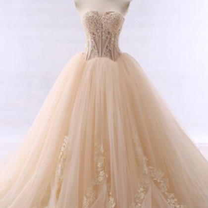 Champagne Strapless Long Beaded Fishbone Prom..