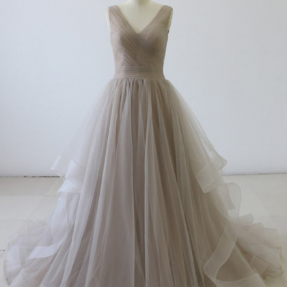 V Neck A-line Tulle Prom Dress Pleated Floor..