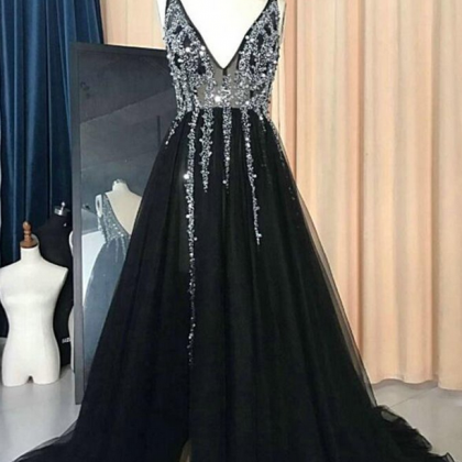 Brand Black Tulle Evening Dresses, V Neck ,silver..