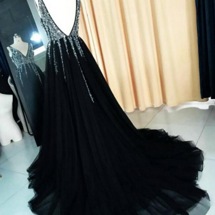 Brand Black Tulle Evening Dresses, V Neck ,silver..