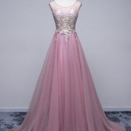 Unique Pink Tulle Prom Dresses, Scoop Neck, Long..