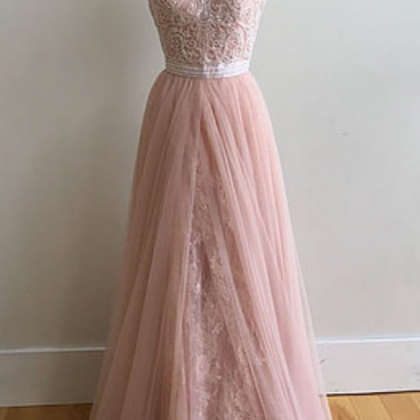 Pink Tulle Strapless Prom Dresses, Long A-line..