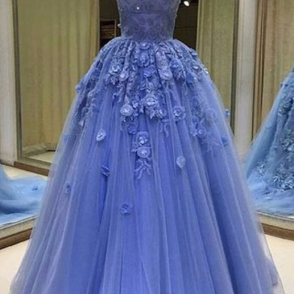 Blue Tulle Sweetheart Prom Dresses, 3d Lace..