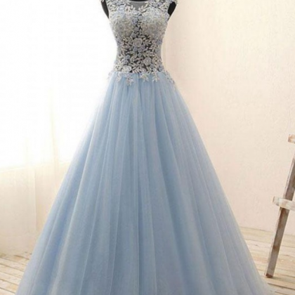 Bule Tulle Prom Dresses Long, A-line Prom..