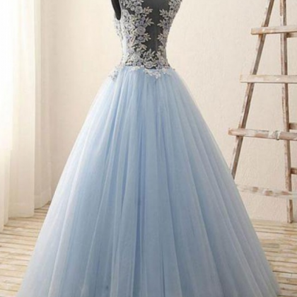 Bule Tulle Prom Dresses Long, A-line Prom..