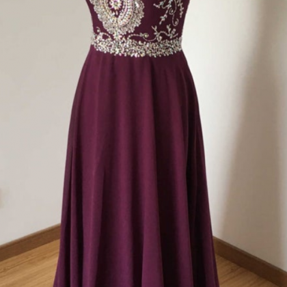 Beaded Grape Chiffon Long Prom Dress