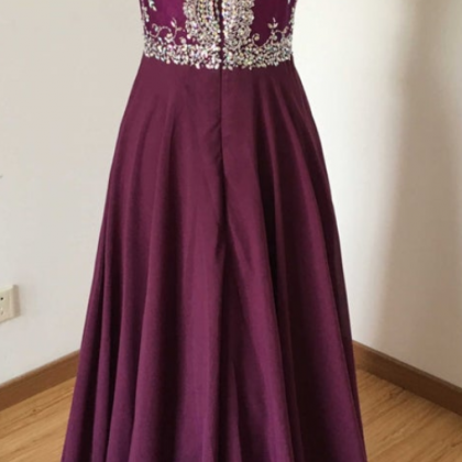 Beaded Grape Chiffon Long Prom Dress