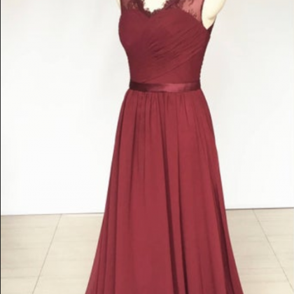 V-neck Burgundy Lace Chiffon Long Bridesmaid Dress