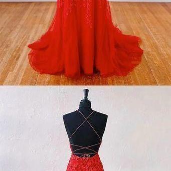 Spark Queen Red Lace Mermaid Long Prom Dress Lace..