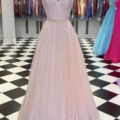 Spark Queen Pink V Neck Tulle Sequin Long Prom..
