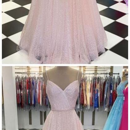 Spark Queen Pink V Neck Tulle Sequin Long Prom..