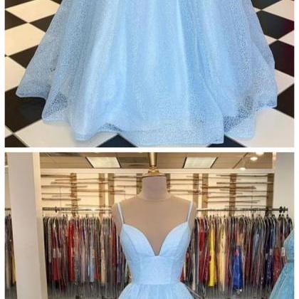 Spark Queen Blue V Neck Tulle Long Prom Dress Blue..