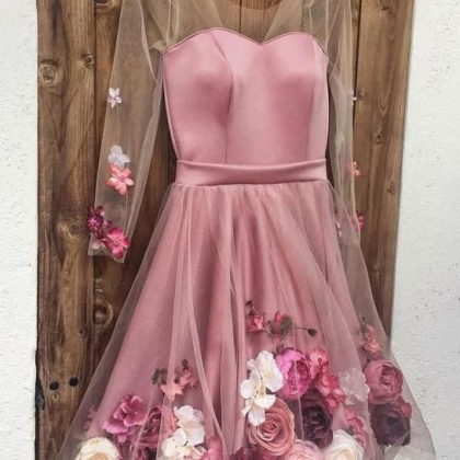 Pink V Neck 3d Applique Short Prom Dress, Long..