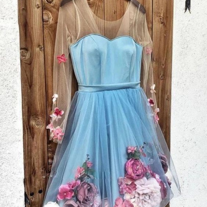 V Neck 3d Applique Short Prom Dress, Long Sleeves..