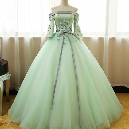 Mint Tulle Off Shoulder Mid Sleeves Long Evening..