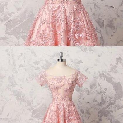 Pretty Pink Lace Short Sleeve High Low A-line Prom..