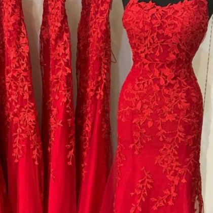 Red Lace Prom Dresses, Mermaid Long Prom Dresses,..