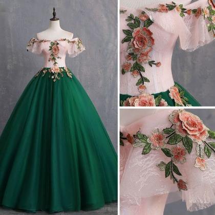Vintage Dark Green Prom Dresses Ball Gown..