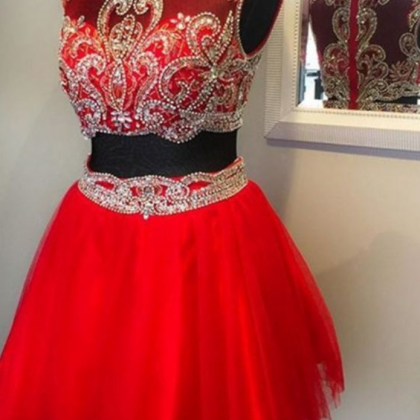 Red Two Piece Prom Dresses With Beaded Waistline,..