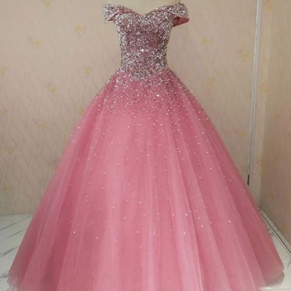 Pink Sweetheart Neck Tulle Sequin Long Prom Dress,..