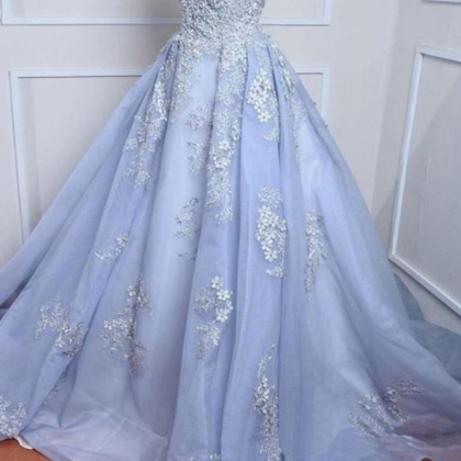 Blue Tulle Off Shoulder Long Quinceanera Dress,..