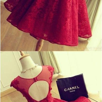 A-line Crew Cap Sleeves Red Lace Homecoming Dress..