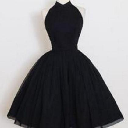 High Neck Black Tulle Homecoming Dresses ,short..