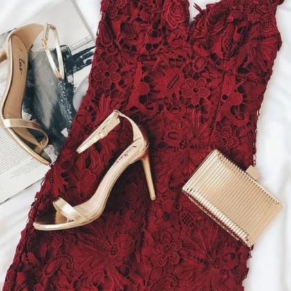 A Line Lace Cute Homecoming Dress, Burgundy Short..