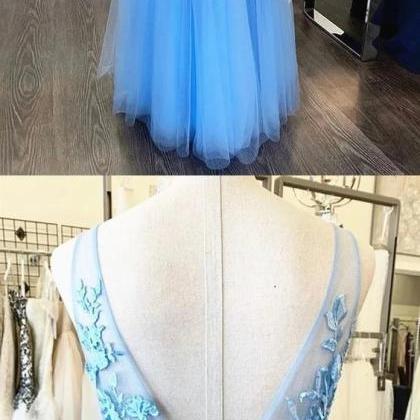 A Line V Neck Light Blue Lace Prom Dresses, V Neck Sky Blue Lace Formal Evening Dresses on Luulla