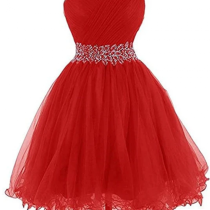 Red Beaded Sweetheart Tulle Homecoming Dress, Red..