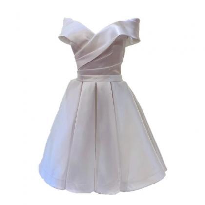 White Simple Satin Off Shoulder Knee Length Party..