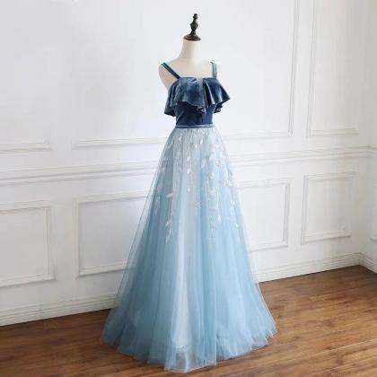 Blue Straps Beautiful Tulle And Velvet Long Party..