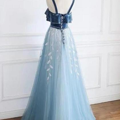 Blue Straps Beautiful Tulle And Velvet Long Party..