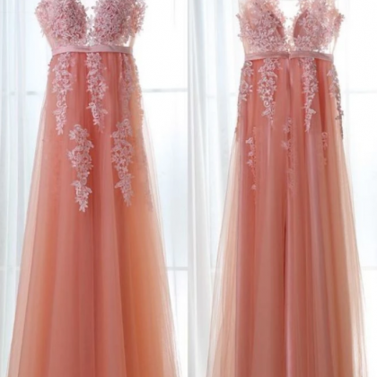 V-neckline Tulle With Lace Applique Formal Gown,..