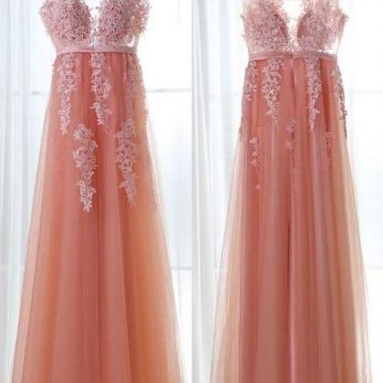 V-neckline Tulle With Lace Applique Formal Gown,..