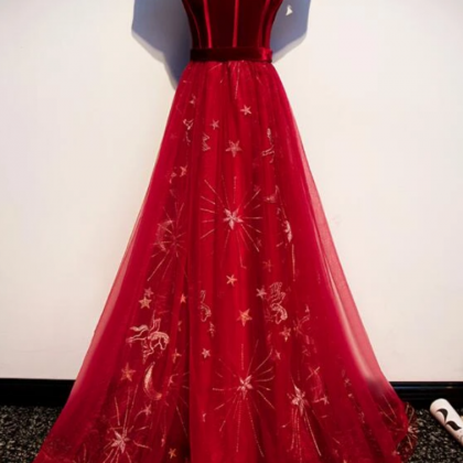 Tulle Off Shoulder Long Party Gown, Red Prom Dress..