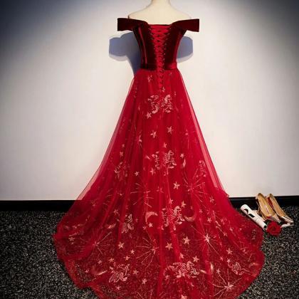 Tulle Off Shoulder Long Party Gown, Red Prom Dress..