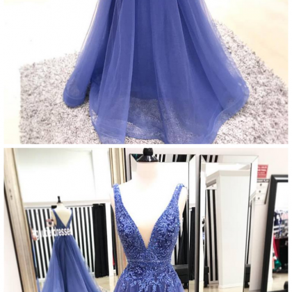 Sexy V Neck Tulle Prom Dress, A Line Appliques..