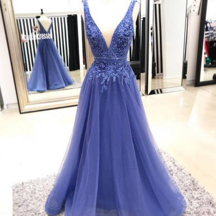 Sexy V Neck Tulle Prom Dress, A Line Appliques..