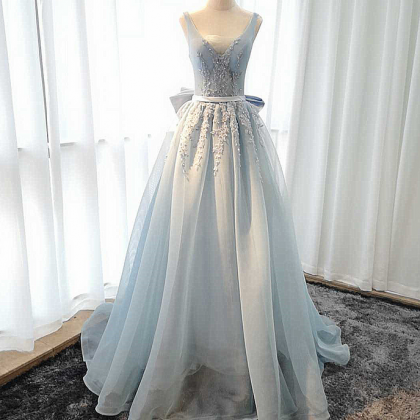 Lovely Tulle with Beaded V-neckline Long Party Dress, A-line Prom Dress Evening Dress main image 1