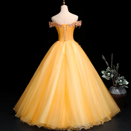 Niulatu Ball Gown Off The Shoulder Gold Satin Long Ruffles Prom Dresses Sweet 16 Dresses HZ1110