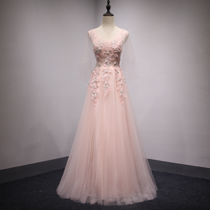 Tulle Floral Gown, V-neckline Prom Dress 2020